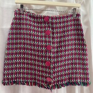 ZARA Tweed Mini Skirt Pink‎ Purple Green Fringed Hem Womens Sz M